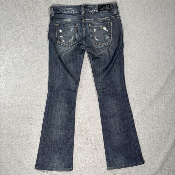 Guess Jeans Women Size 27 Daredevil Boot Cut Flare Blue Denim Jeans Distress Y2K - Picture 12 of 16